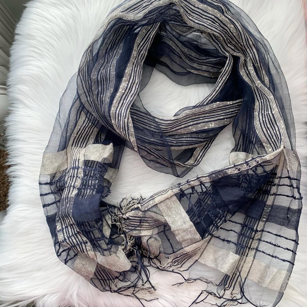 NWT Krazy Kat - Navy blue woven, sheer fringe scarf
